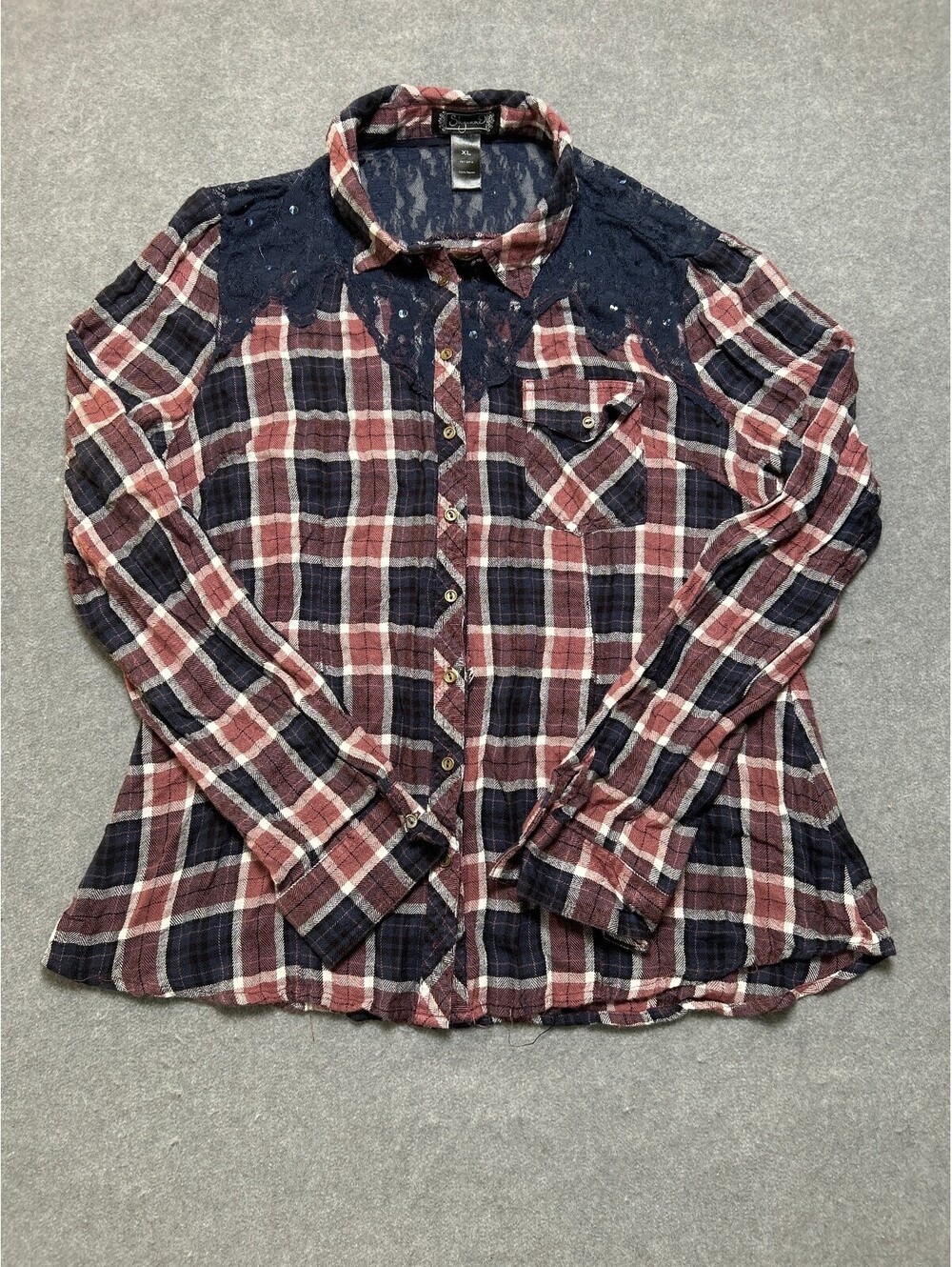 Shyanne Women XL Plaid Lace Overlay Button Front Western Shirt Burgundy Navy